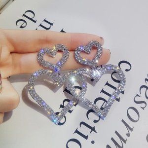 Rhinestone Double Heart Earrings Silver Color